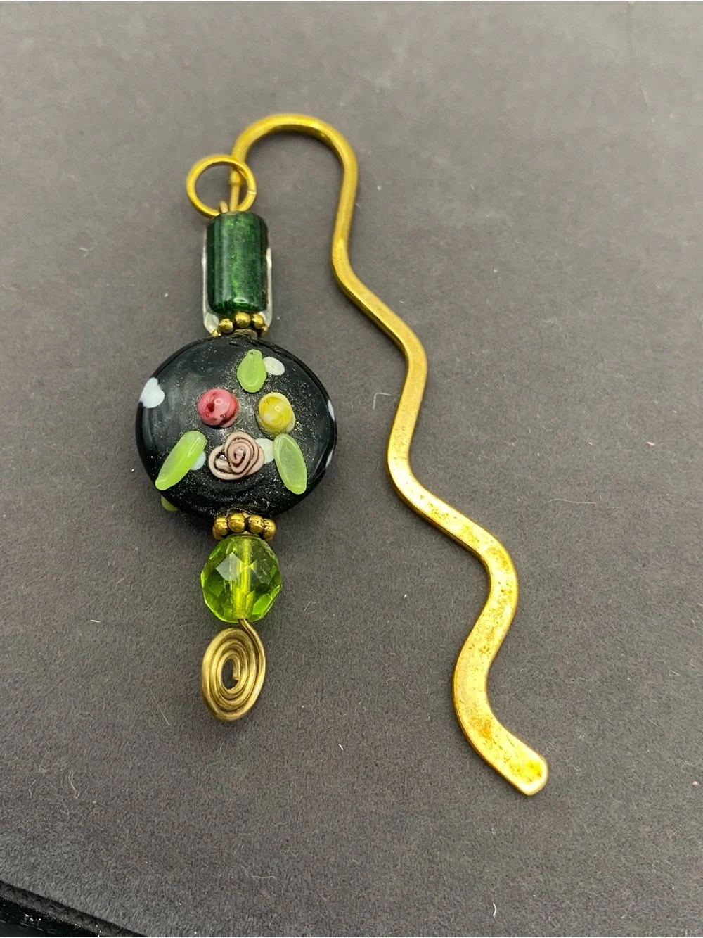 Black and Green Art Glass with Brass Floral Bookmark Charm